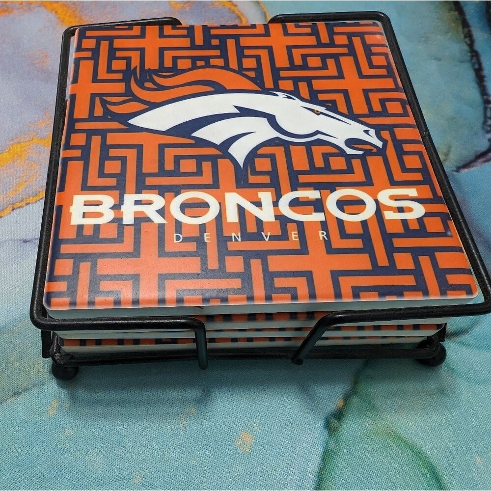 Denver Broncos 4 Piece Ceramic Coaster Set With Metal Stand